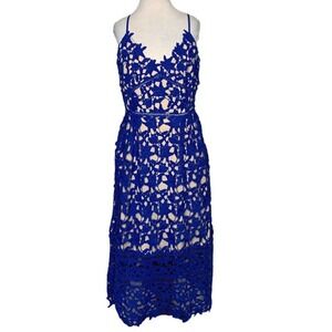 BOUTIQUE Blue Lace Midi Dress with Pockets & Nude Underlay